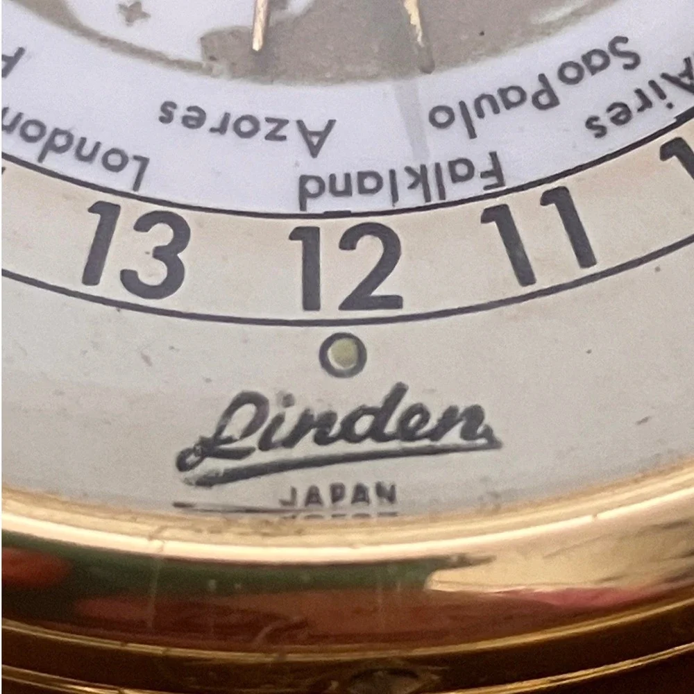 Linden Vintage World Time Travel Alarm Clock Brown Leather Case Japan Gold Tone